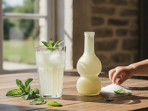Verre de sirop de menthe maison avec feuilles de menthe et bouteille sur table en bois