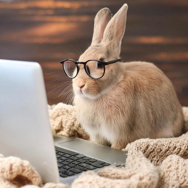 Funny rabbit with computer pet on laptop | Premium Photo