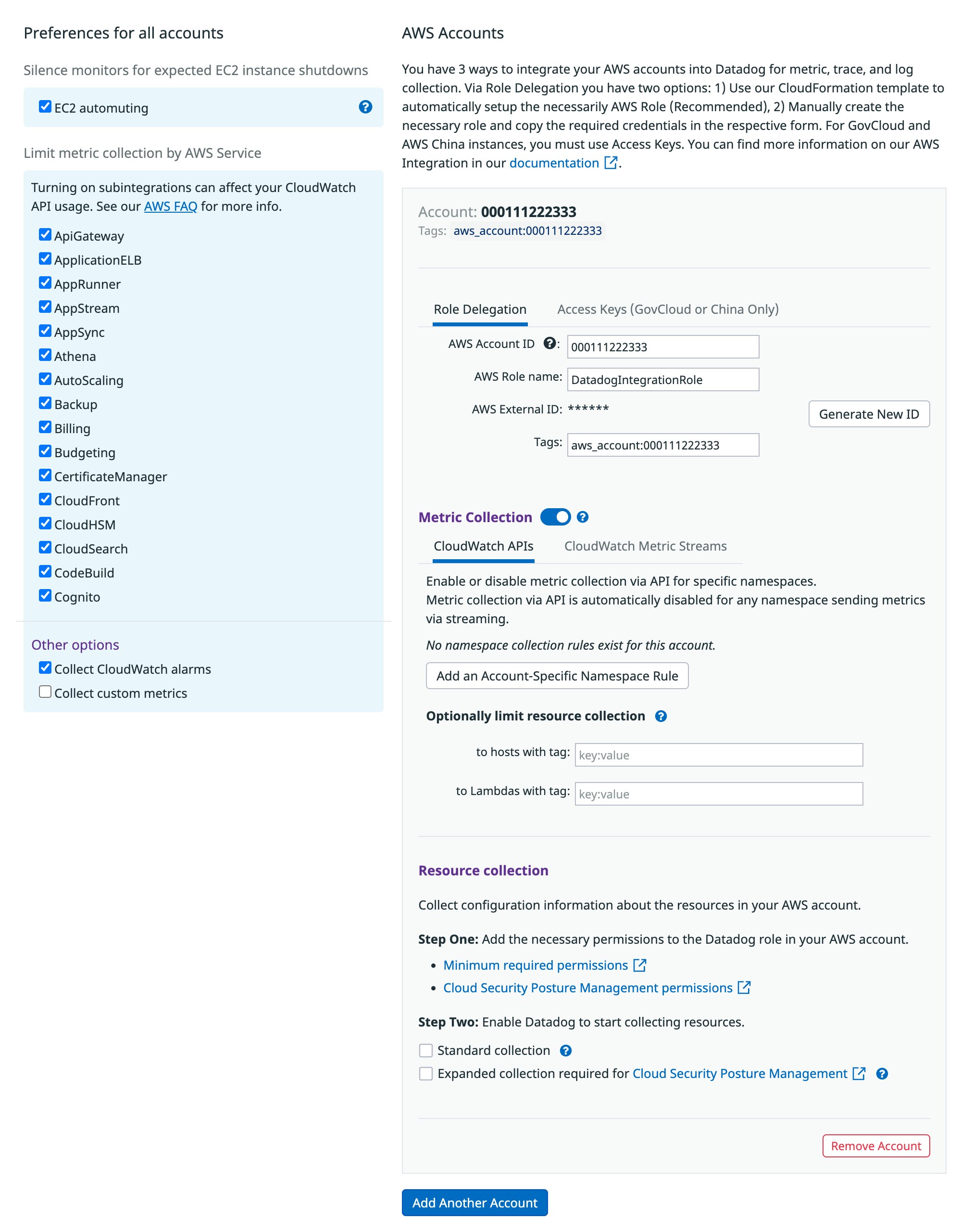 Datadog's AWS integration tile shows a list of all AWS services you can monitor, with a checkbox for each. The AWS Account ID and AWS Role fields are in the AWS accounts section of the page. Datadog's AWS integration tile shows a list of all AWS services you can monitor, with a checkbox for each. The AWS Account ID and AWS Role fields are in the AWS accounts section of the page.