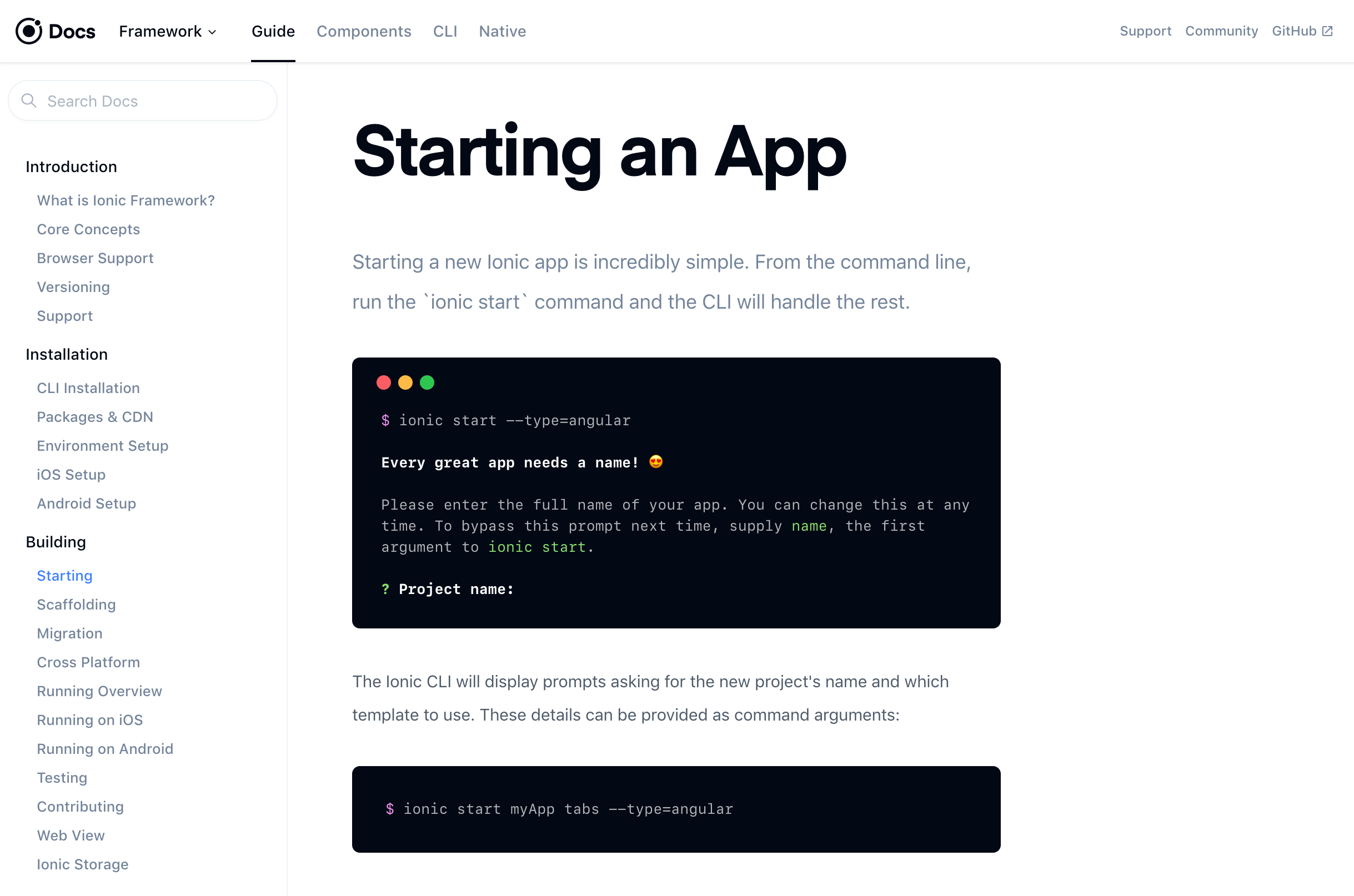 ionic docs