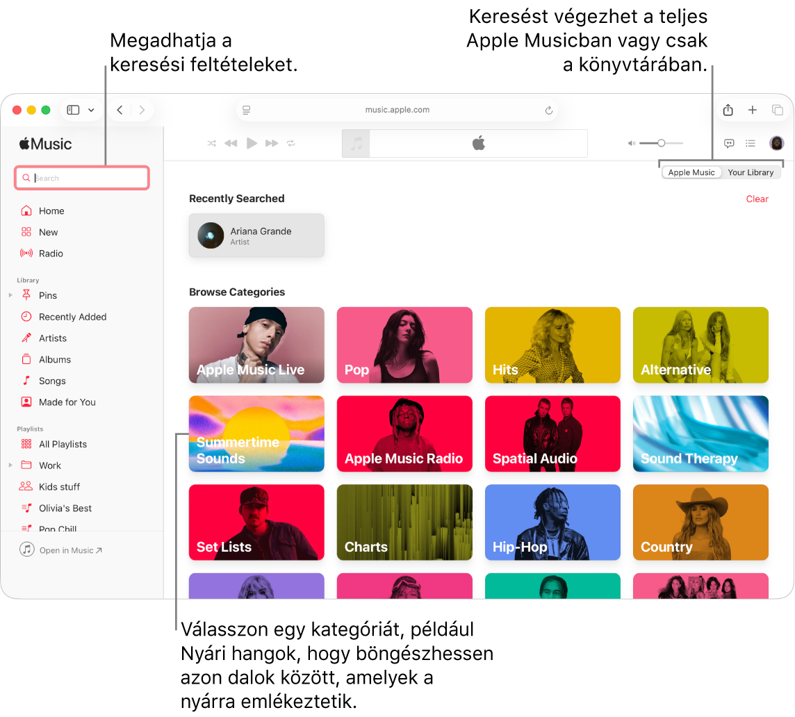 Az Apple Music ablaka a keresőmezővel a bal felső sarokban, a kategóriák listájával az ablak közepén, és Apple Musickal vagy a saját könyvtárral a jobb felső sarokban. Írjon be egy keresőkifejezést a keresőmezőbe, majd válasszon, hogy a teljes Apple Musicban vagy csak a saját könyvtárában szeretne keresni. Azt is megteheti, hogy kiválaszt egy kategóriát, pl. Summertime Sounds, hogy a nyárra emlékeztető dalok között böngészhessen.