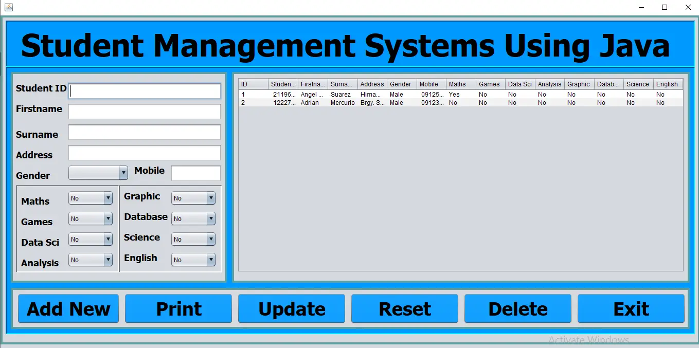 Student Management System Java output