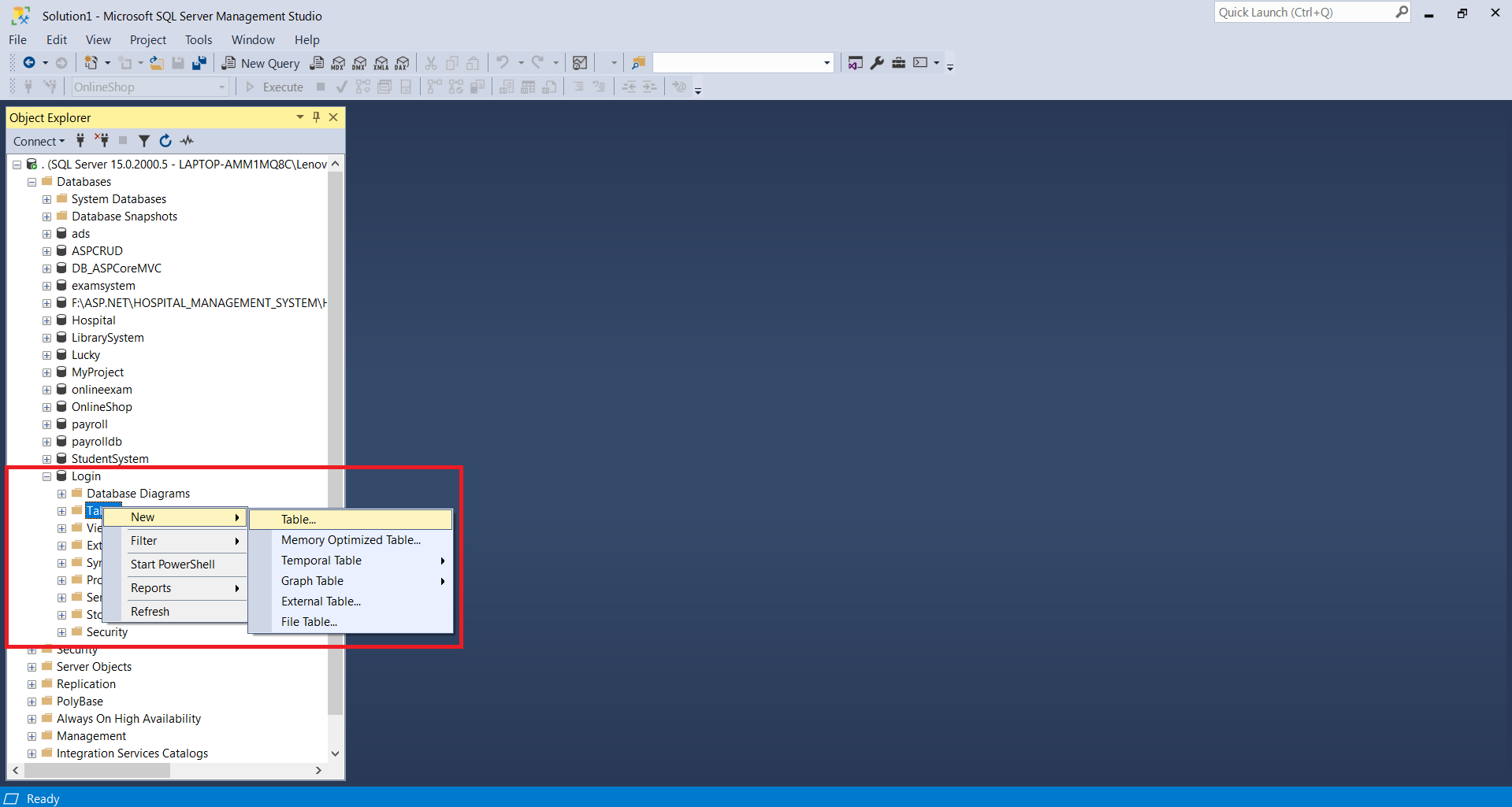 login page in c# create table