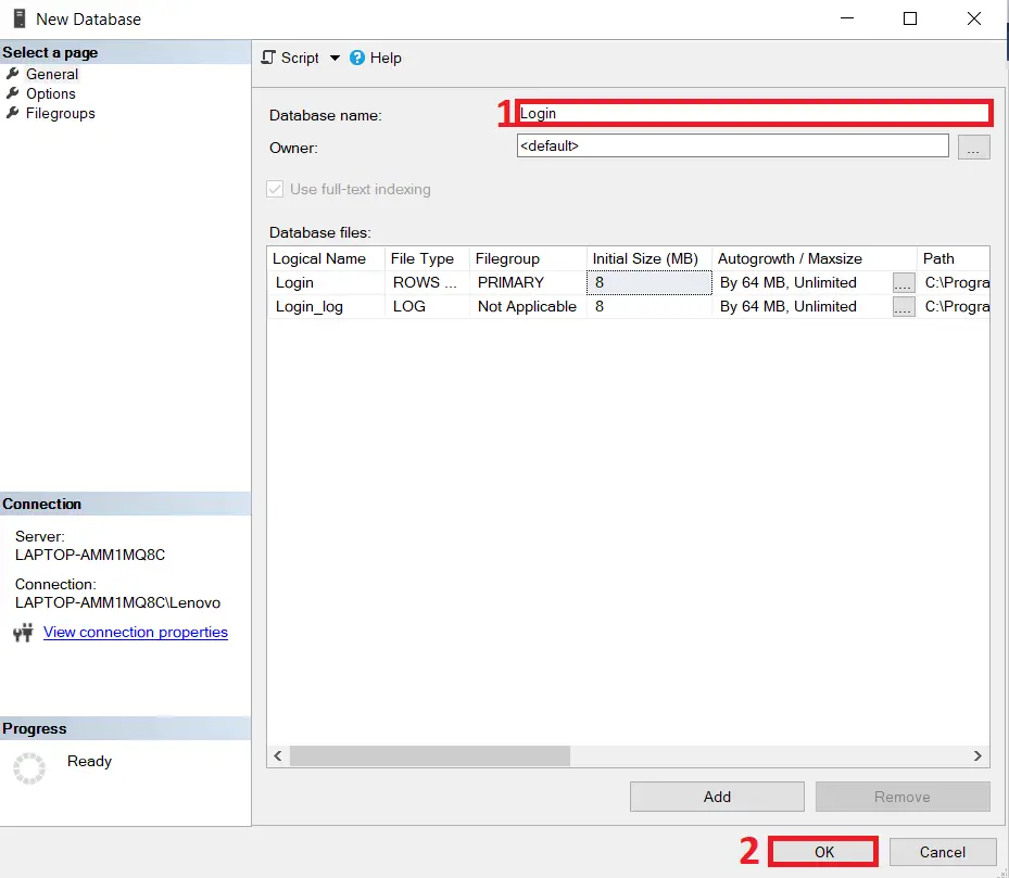 login page in c# database name