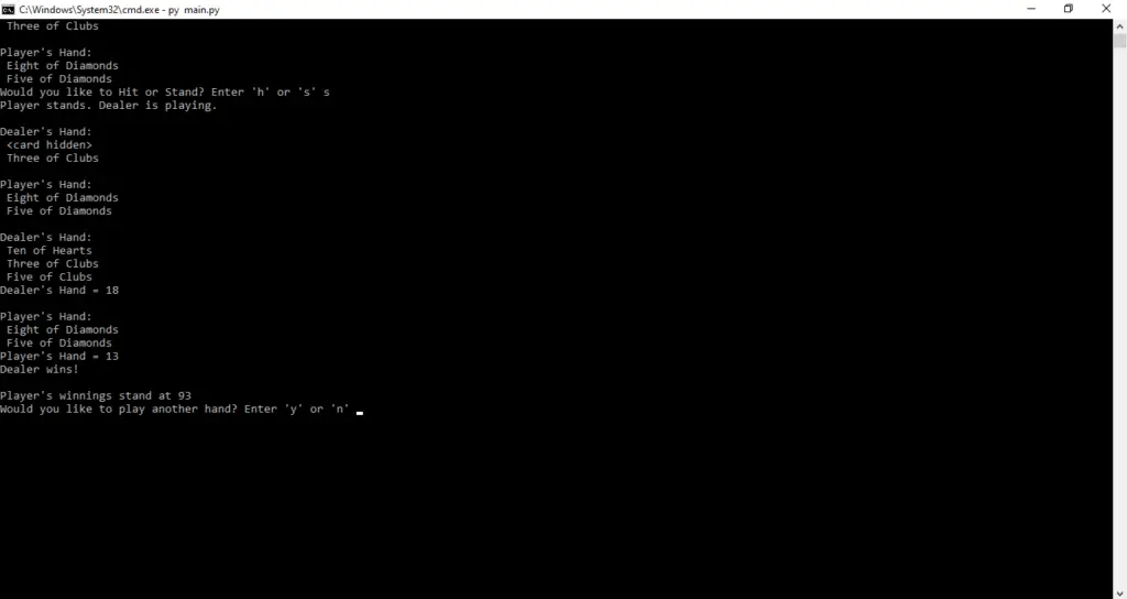 Blackjack Game Project Output