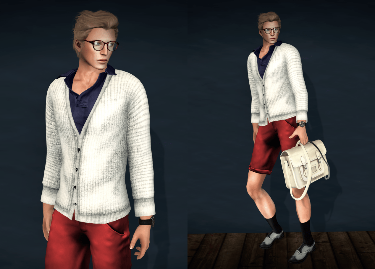 Sweater: Cardigan by Xhibe, shirt: Simple Polo by Aoharu, shorts: Capri by Cheerno, shoes: Wingtip by Deco, glasses: Boston by Sleepy Eddy, watch: Hokusai by Mandala, bag: Sophomore by Mon Tissu, hands: Male by Slink, ears: Hutuu by Mandala, hair: 6th Avenue Heartache by Exile