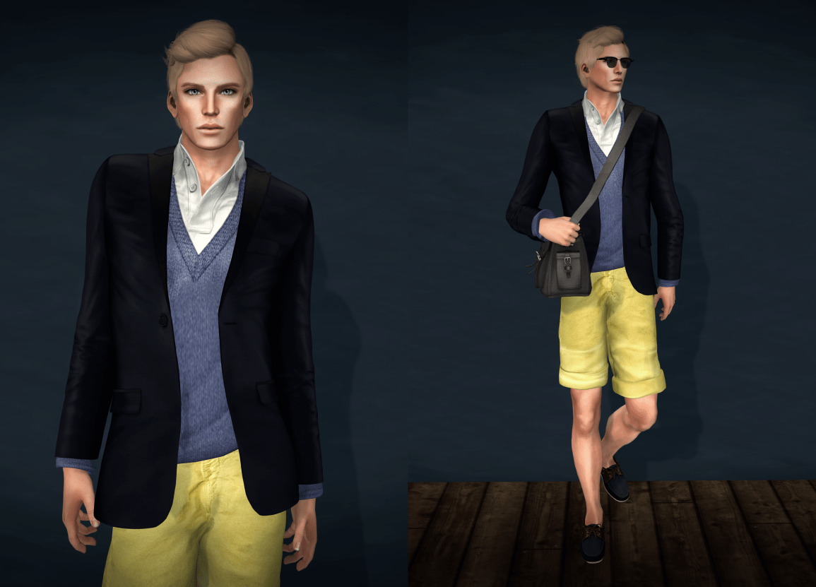Jacket: Tuxedo by Kauna, sweater: Vic by Lelutka, shirt: Polo by Redgrave, shorts: Comfy by Gizza, shoes: Dockers by Hoorenbeek, glasses: Delta by Adjunct, bag: Curragh by Fir&Mna, hands: Male by Slink, ears: Hutuu by Mandala, hair: Alone Together by Exile, legs: Eros by Cheerno