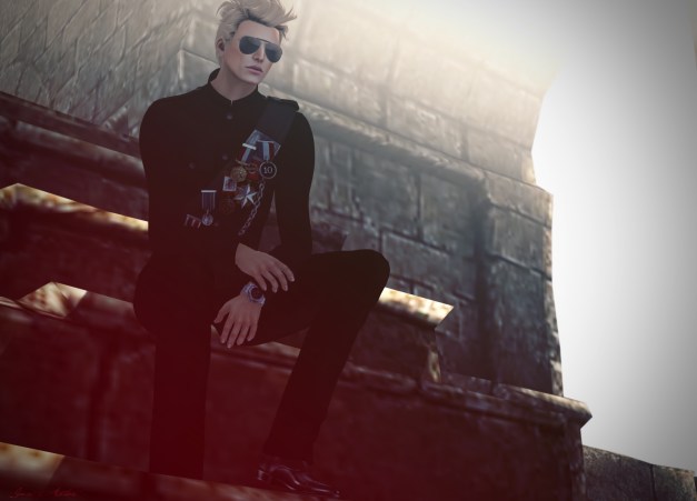 Jacket: Tunic by Kauna, Pants: Tuxedo Trousers by Kauna, Glasses: Aviator Pilot by Redgrave, Sash: Paragon by Remarkable Oblivion, Watch: AC by Benjaminz, Shoes: Classic Loafers by Redgrave, Hair: Machinehead by Exile