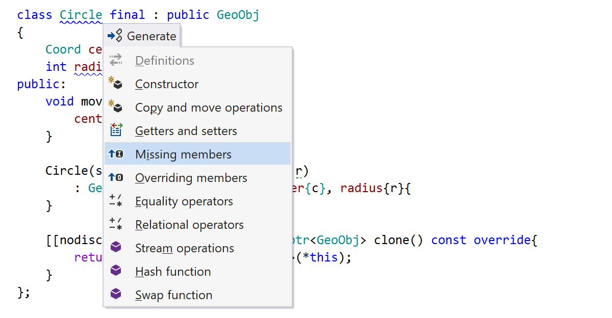 Generate missing members with ReSharper C++