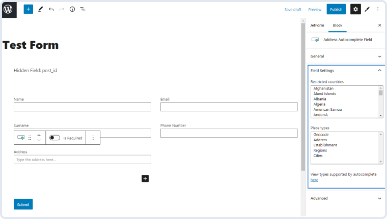 address autocomplete field settings