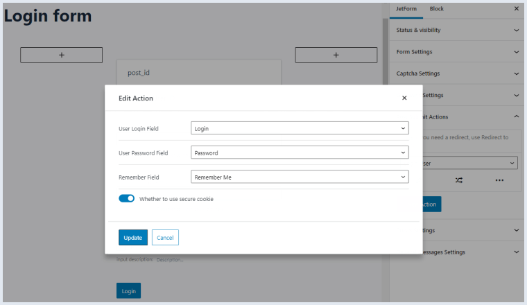 user login editing window and settings