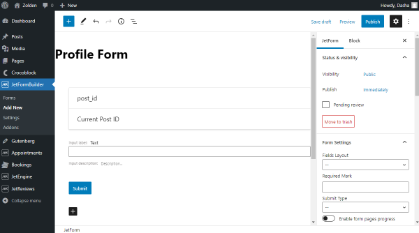 adding a new profile form with jetformbuilder plugin