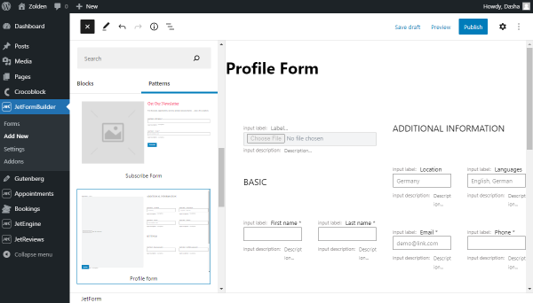 attaching a profile form pattern