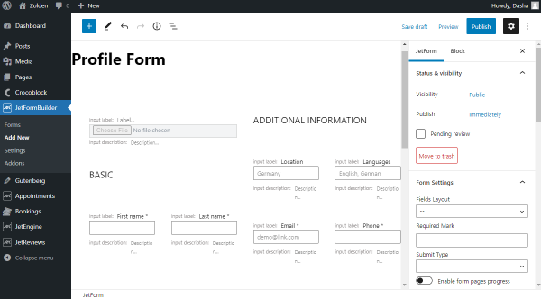 profile form jetform settings