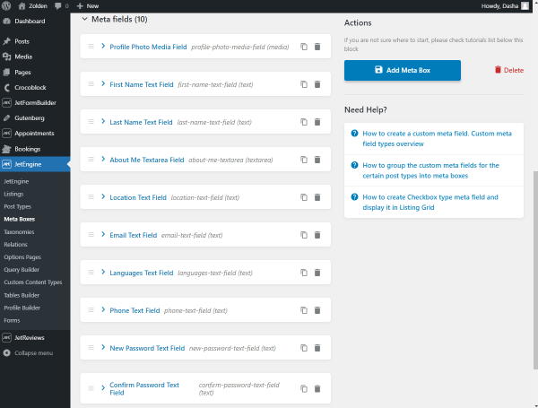 profile form meta fields