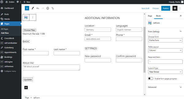 profile form page editor