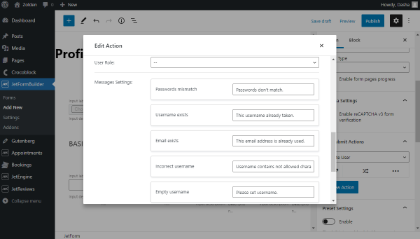 update user action settings editing
