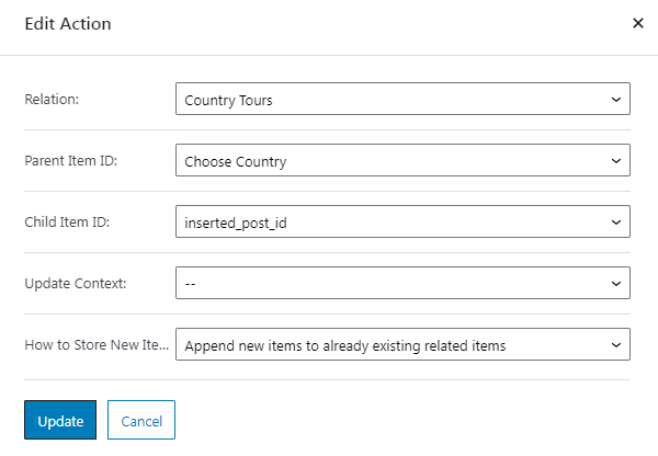 connect relation items action