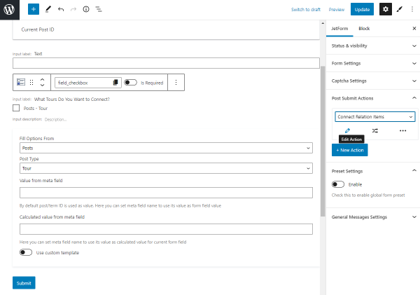 connect relation items post submit action