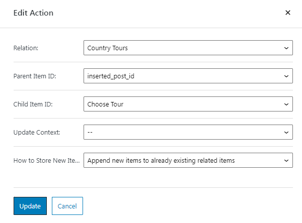 edit connect relation items action