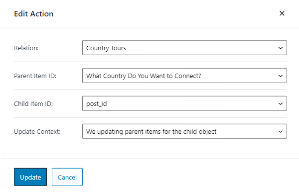 edit connect relation items action