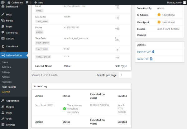 actions log tab