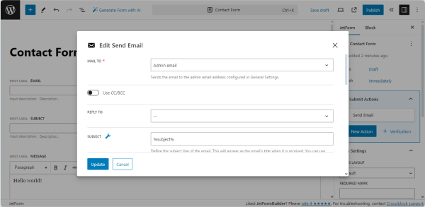 the mail to field of the send email post-submit action