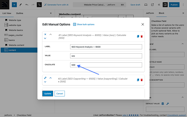 checkbox field block content options
