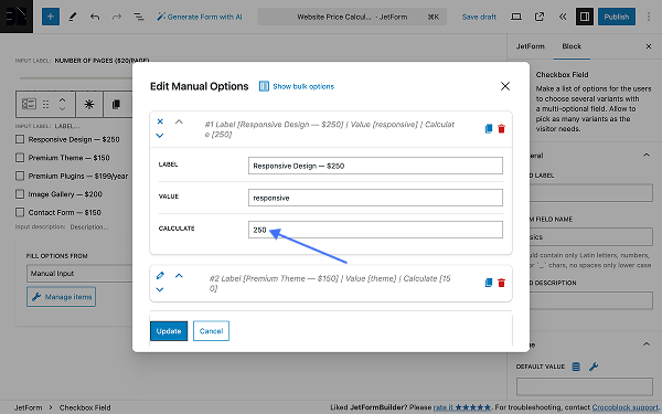 checkbox field editing manual options