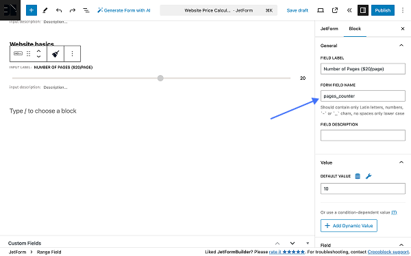 range field block settings
