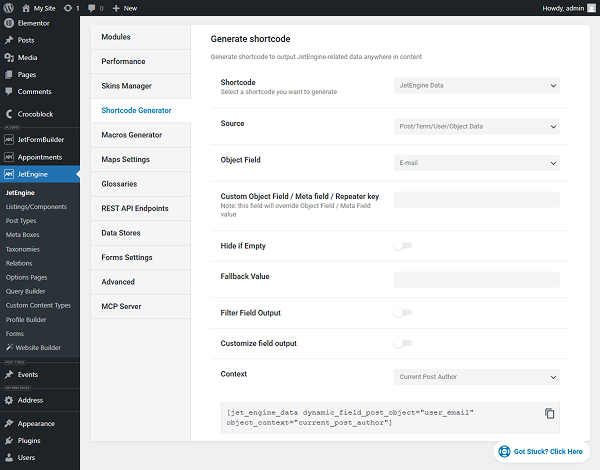 jetengine shortcode for the post author email