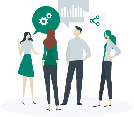 Cartoon colleagues assessing data.