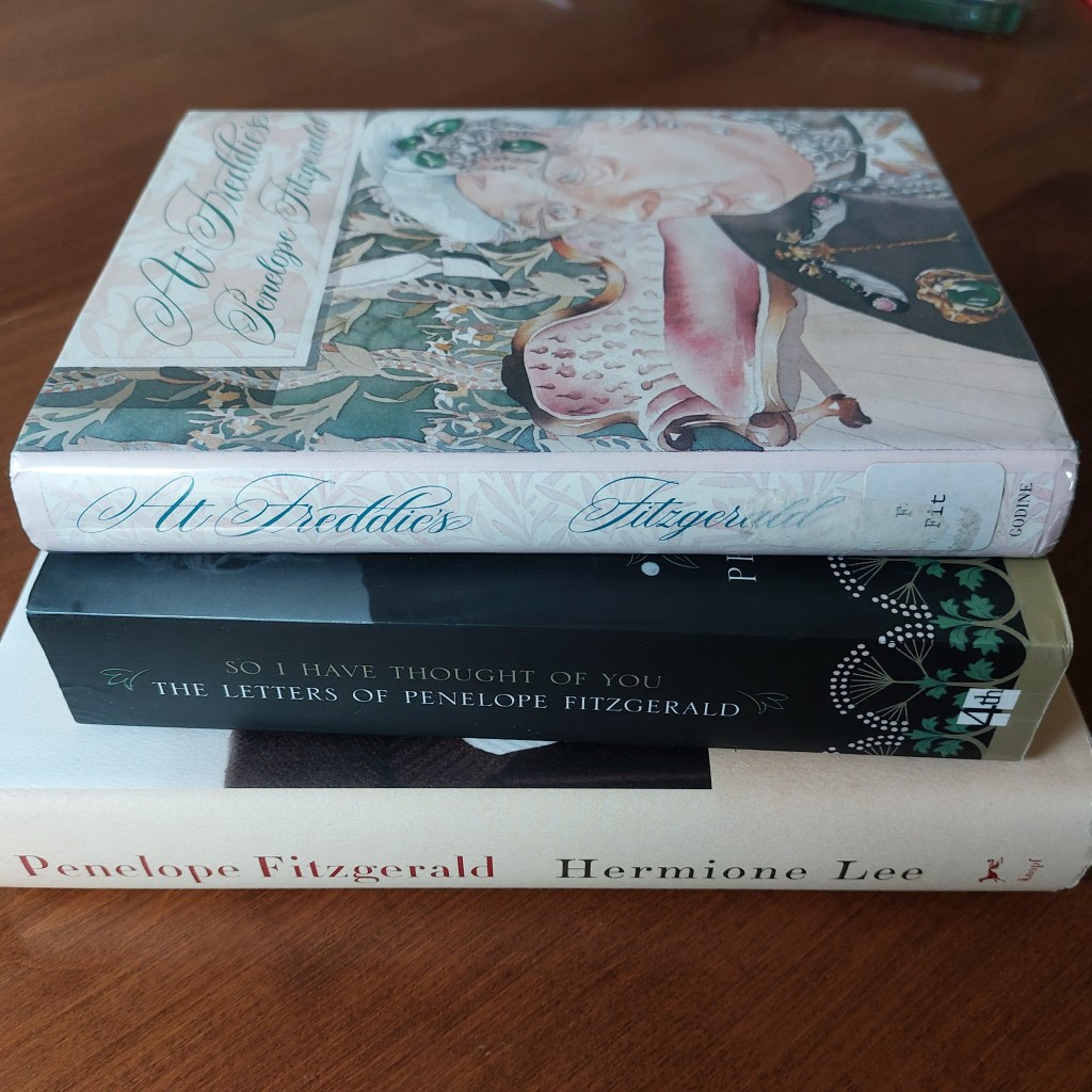 Three books in a stack: Hermione Lee's Biography of Penelope, Penelope's Letters, and "At Freddie's (library discard from Willow Grove, PA).