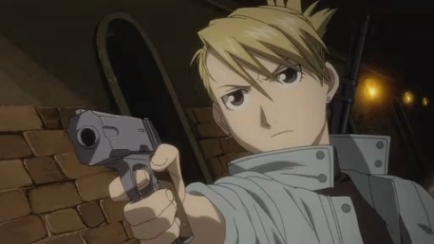 Riza Hawkeye from the anime Fullmetal Alchemist: Brotherhood, adapted from the Fullmetal Alchemist manga by She's awesome with handguns, too. Riza Hawkeye from the anime Fullmetal Alchemist: Brotherhood, adapted from the Fullmetal Alchemist manga by Arakawa Hiromu.