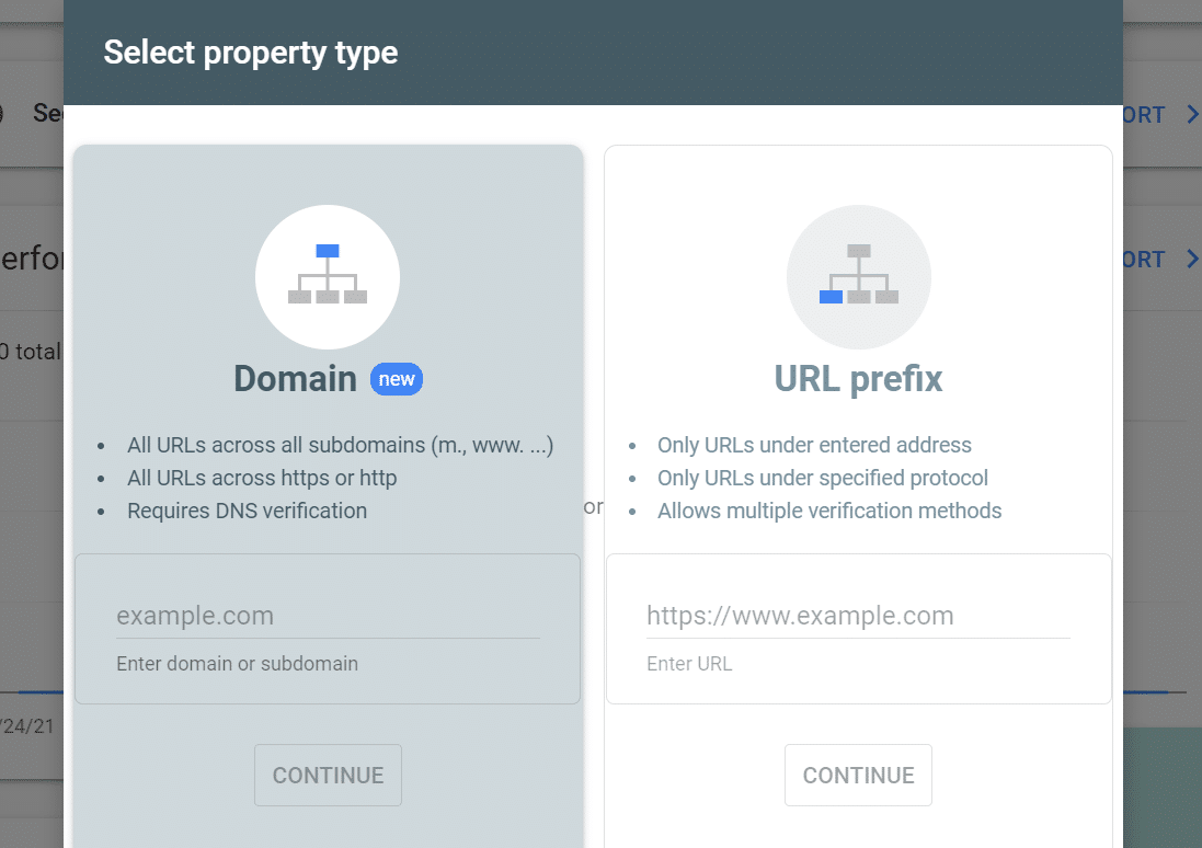 Selecting a property type in Search Console Google Search Consoleの「プロパティタイプの選択」