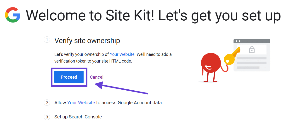 Enable Site Kit to verify that you own your website Site Kitのウェブサイトの所有権の確認