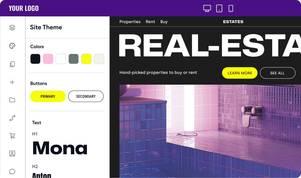 A screenshot of a real estate website with a purple background