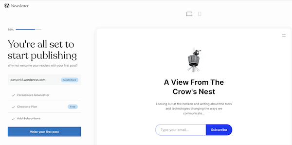 screen shot of a WordPress editor screen and the works "You're all set to start publishing"