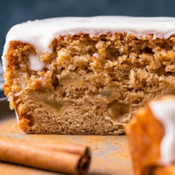 Vegan apple bread topped with glaze