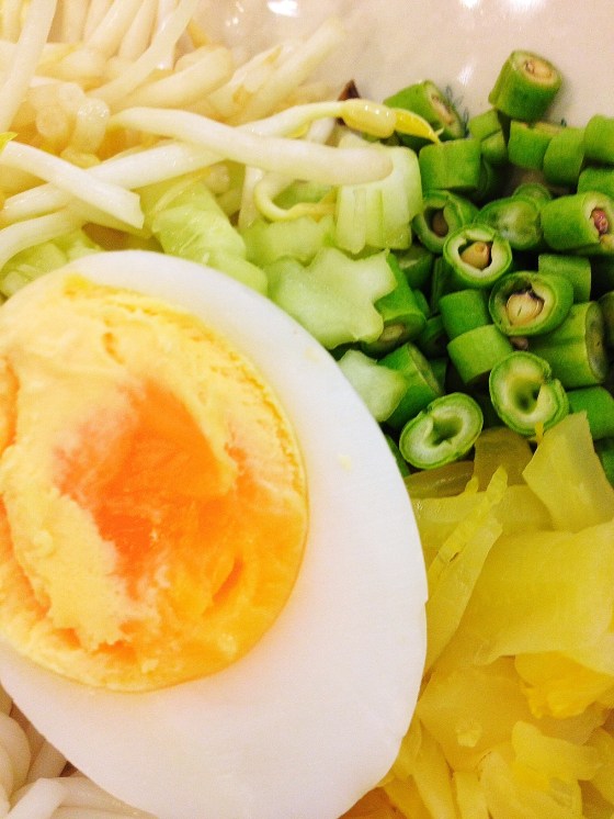 It comes with lots of greens - chopped up long beans and bean sprouts (with a golden half boiled egg, cut half)