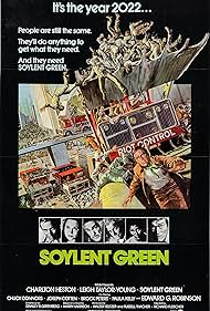 Charlton Heston, Edward G. Robinson, Joseph Cotten, Chuck Connors, Richard Fleischer, Paula Kelly, Brock Peters, Walter Seltzer, Leigh Taylor-Young, and Russell Thacher in Soylent Green (1973)