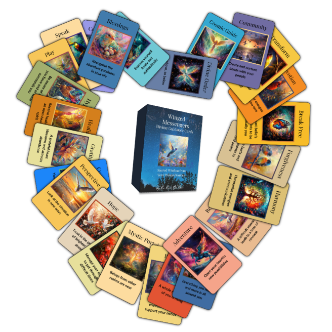 Heart-shaped spread showing the Winged Messengers Divine Guidance Cards with the box in the middle.