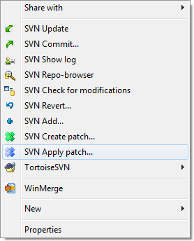 TortoiseSVN Apply Patch Context Menu Screen