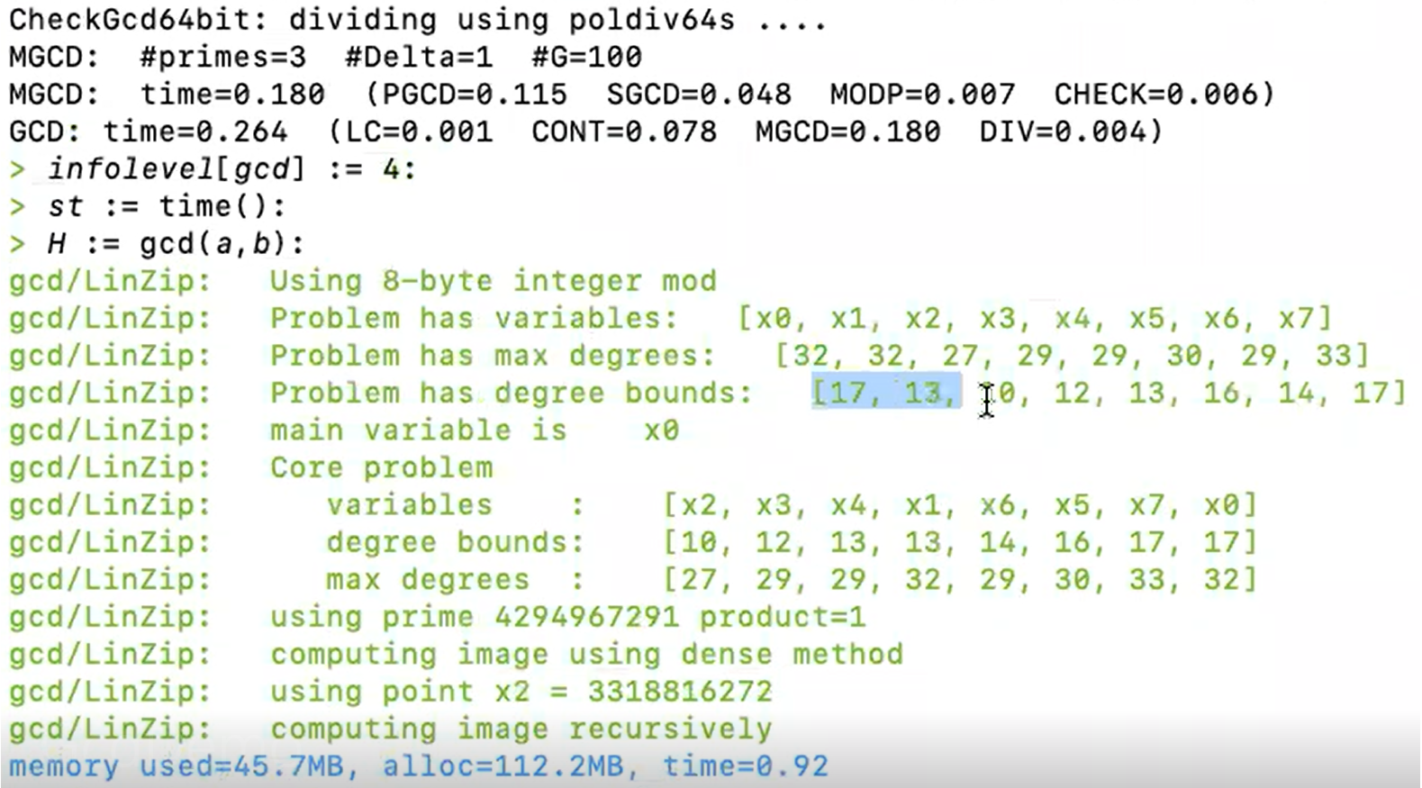 text in black at the top, green below, showing output during execution of the program