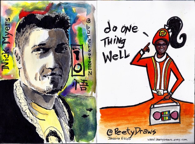 Left: Nick Myers (watercolor & India ink)Right: Jessica Elliot (watercolor & pen)