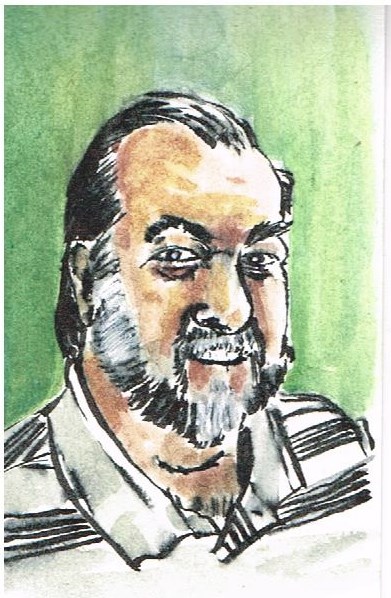 "Tommy", watercolor and Kuretake #8 brush pen on the back of a business card