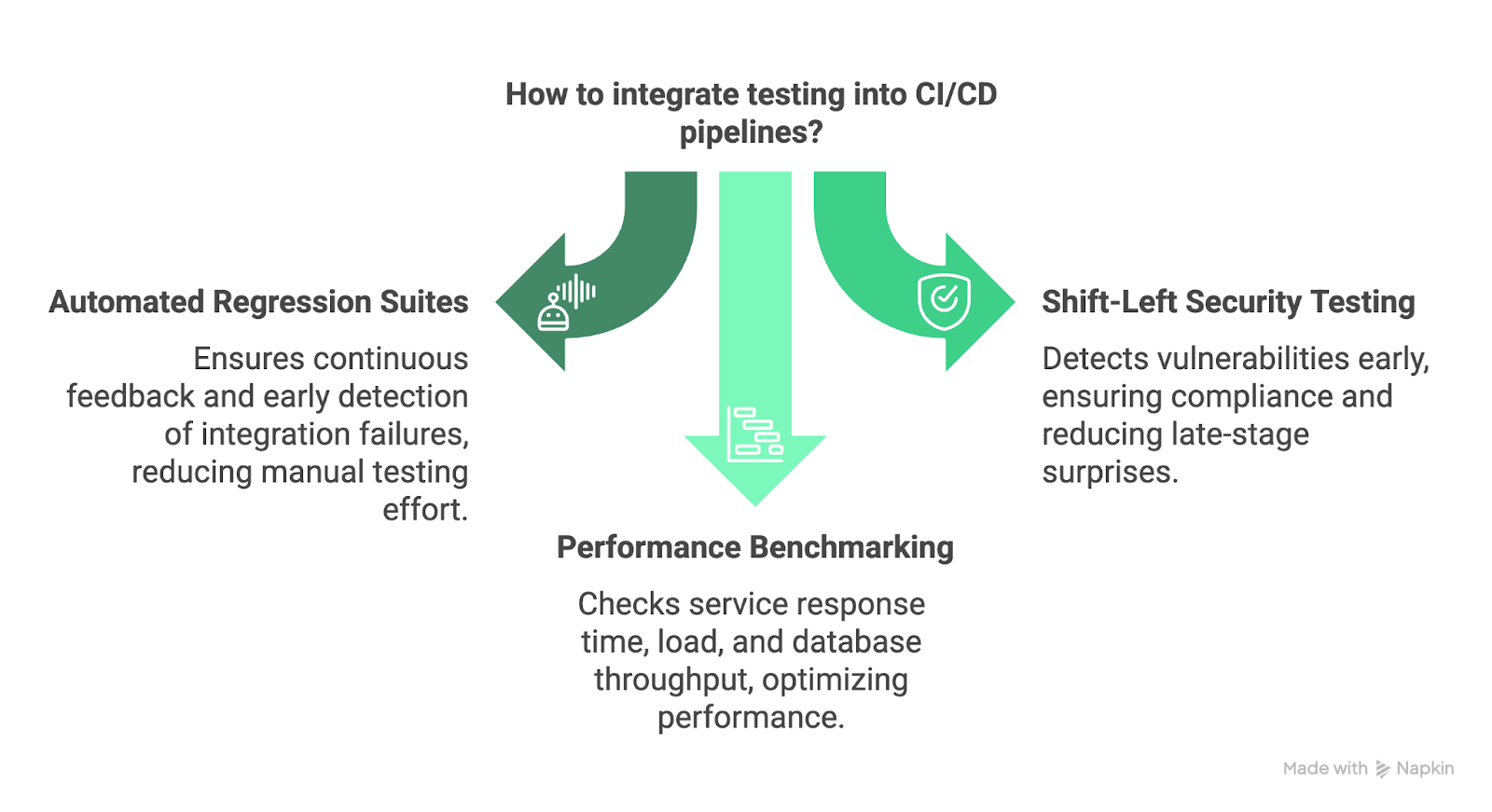 Image on how to include integration testing into CI/CD pipelines. Created using Napkin AI