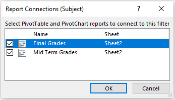 Specify the PivotTables to link to in Excel