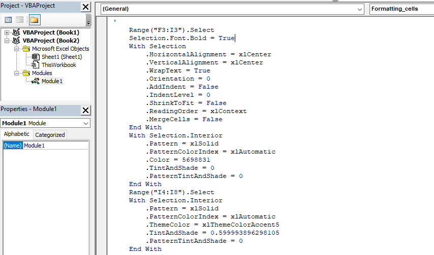 Illustration of code performed when recording a macro in Excel
