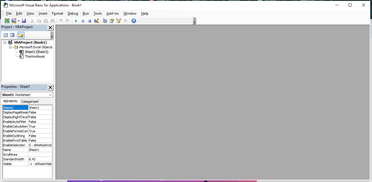 Interface of VBA editor in Excel